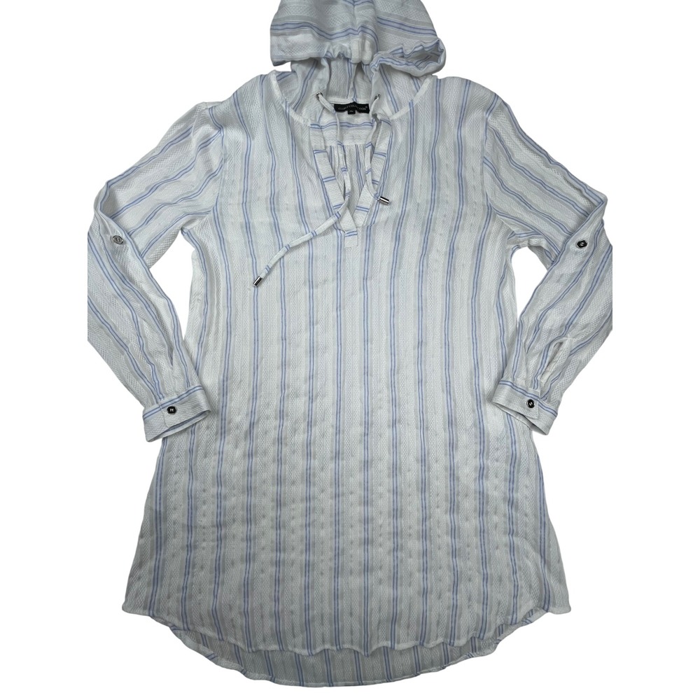 Club Z Collection Women XL Blue White Striped Hooded Cotton Tunic Beach Cover Up